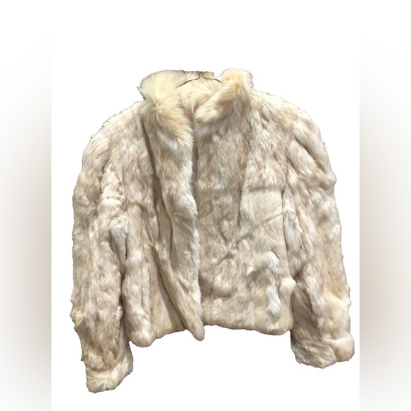 Vintage Ivory Rabbit Fur Shirt Chubby Coat with Fox Fur Collar Sz M - Picture 1 of 9